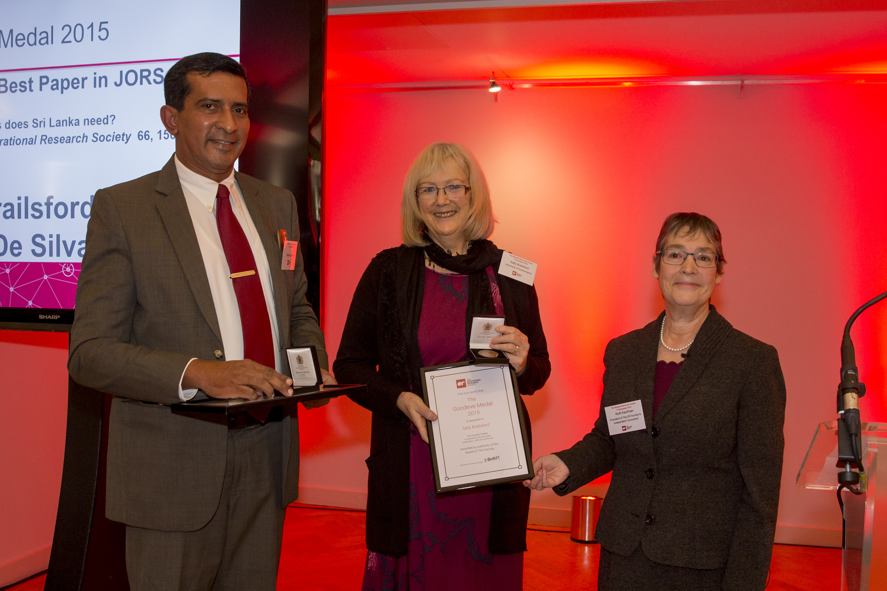 Dileep De Silva and Sally Brailsford winners of 2015 Goodeve Medal with Ruth Kaufman